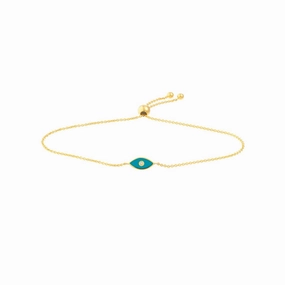 14K Yellow Gold Blue Enamel Evil Eye Bolo Bracelet