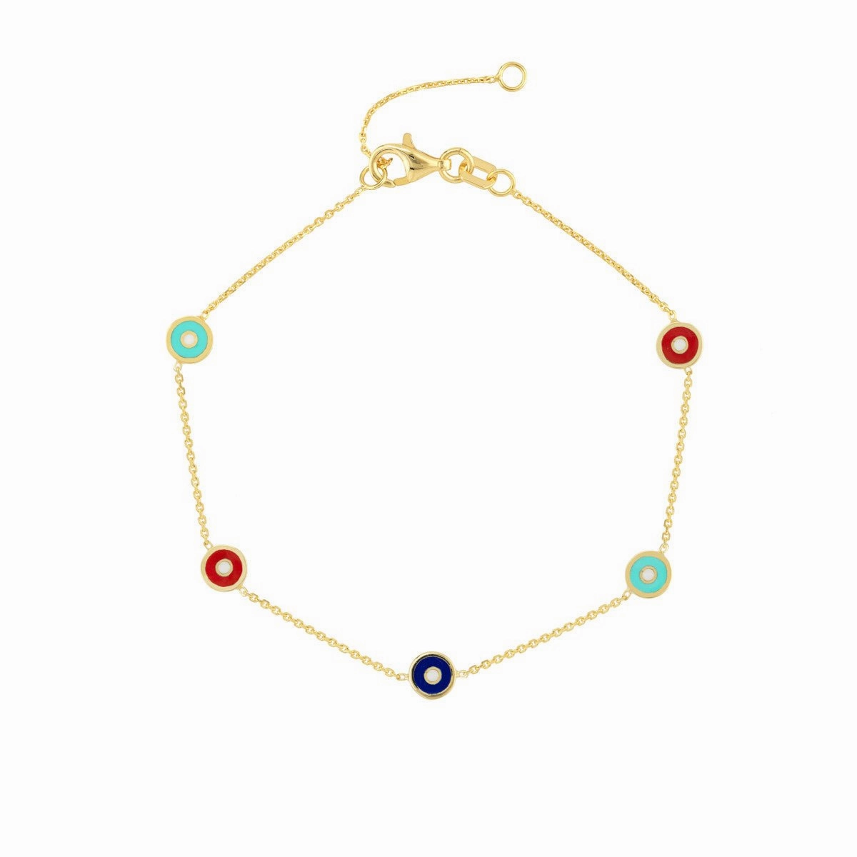 14K Yellow Gold Mixed Enamel Round Evil Eye Station Bracelet
