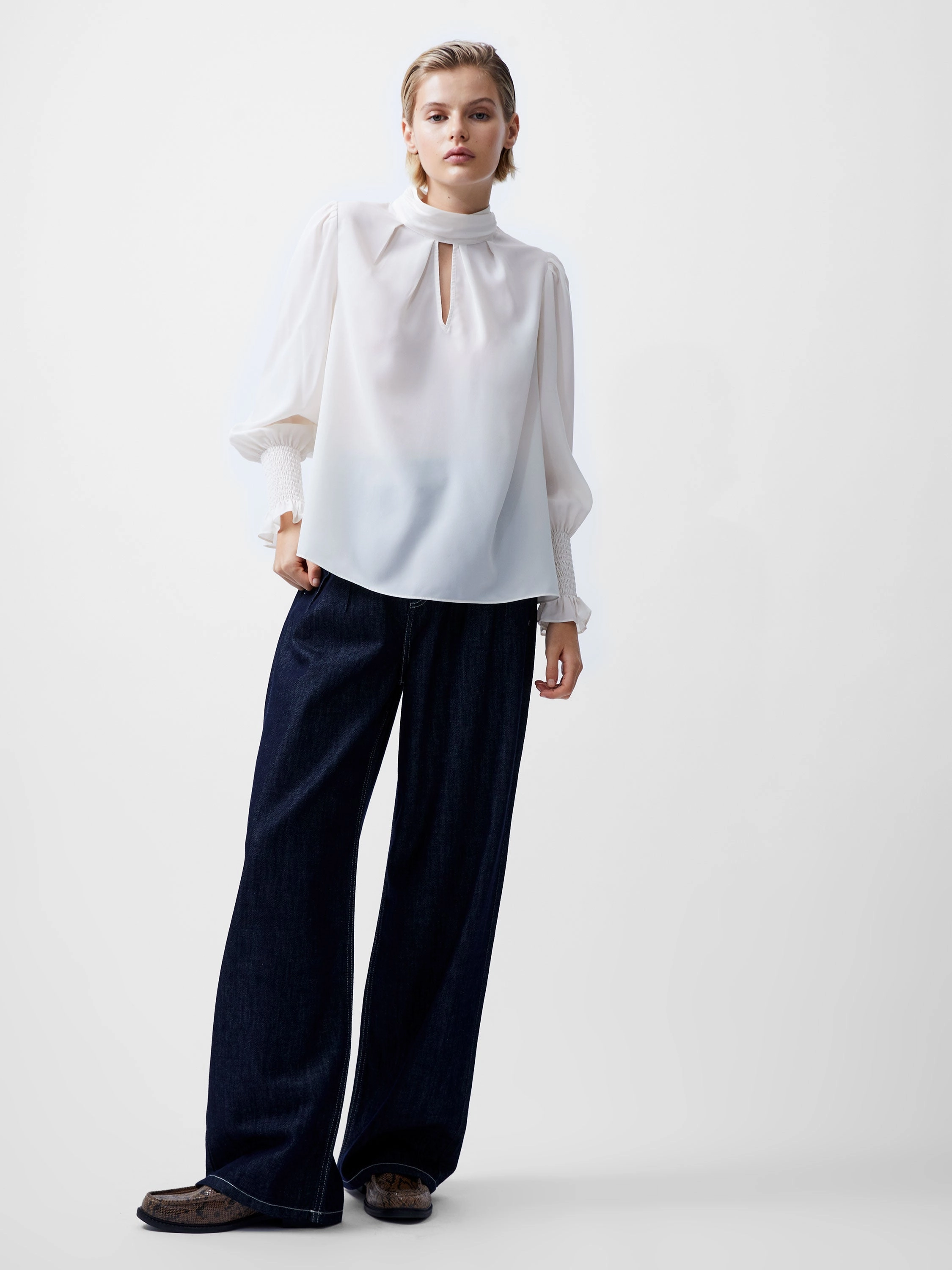 Crepe Light High Neck Long Sleeve Top
