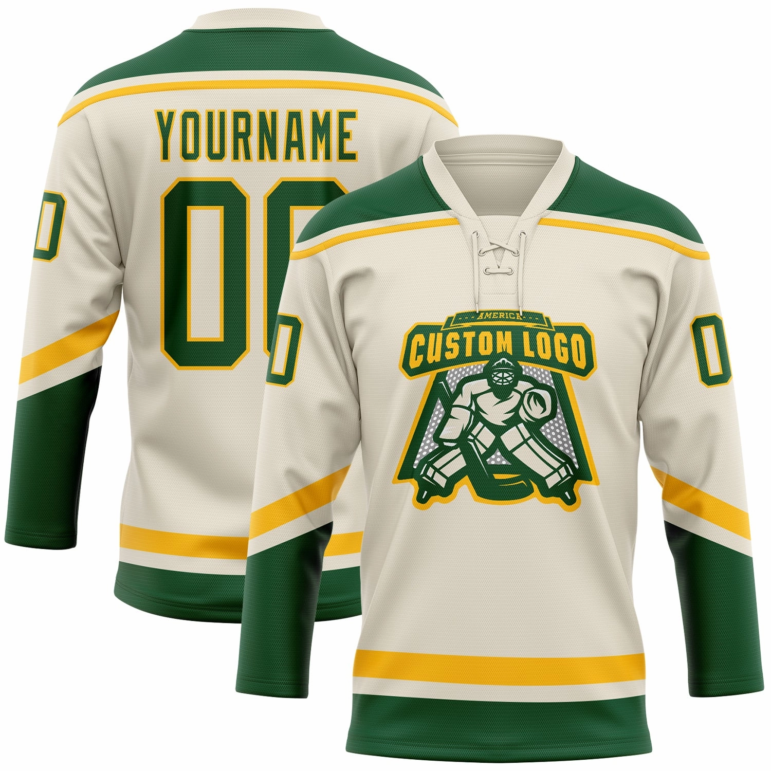 Custom Cream Green-Gold Hockey Lace Neck Jersey