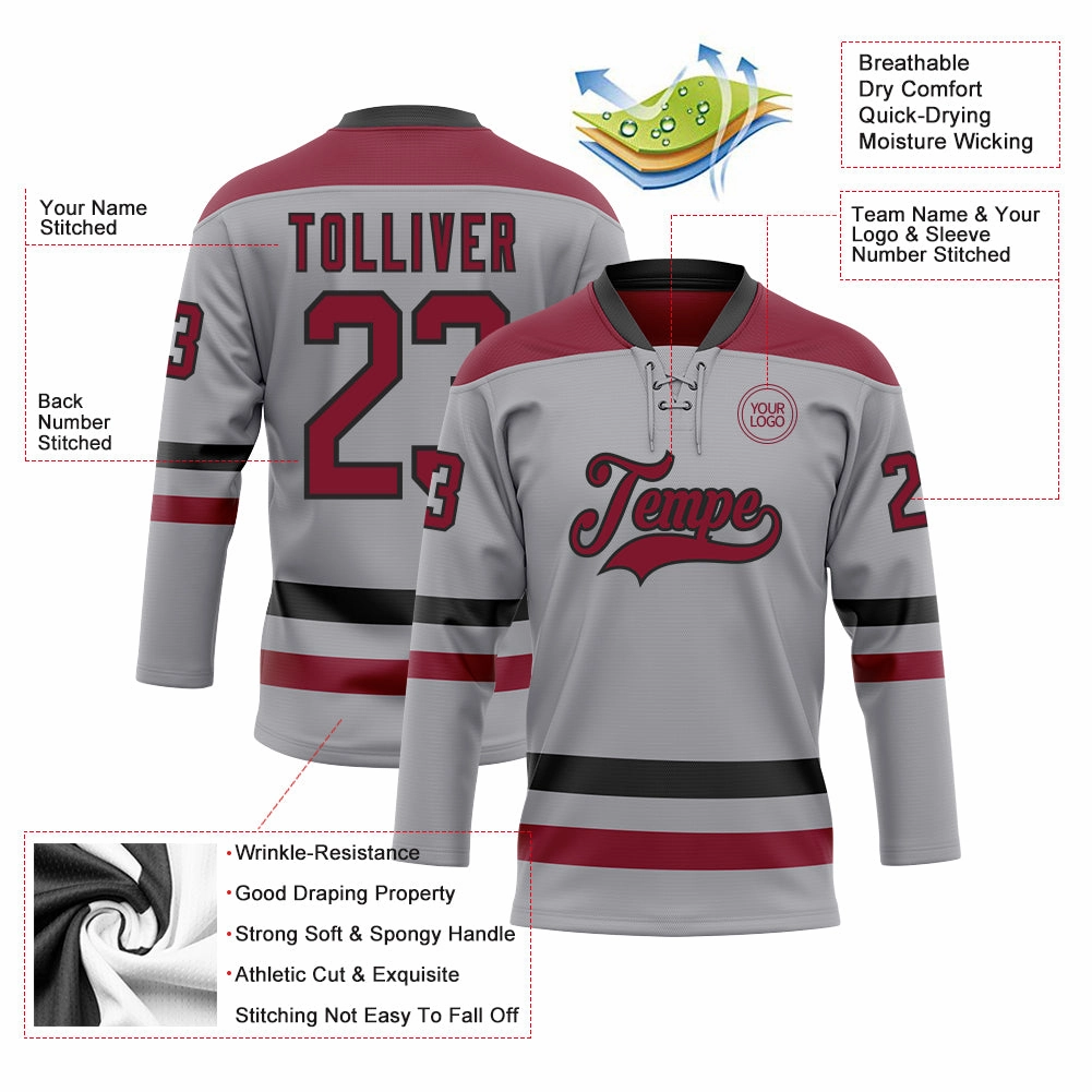 Custom Gray Crimson-Black Hockey Lace Neck Jersey