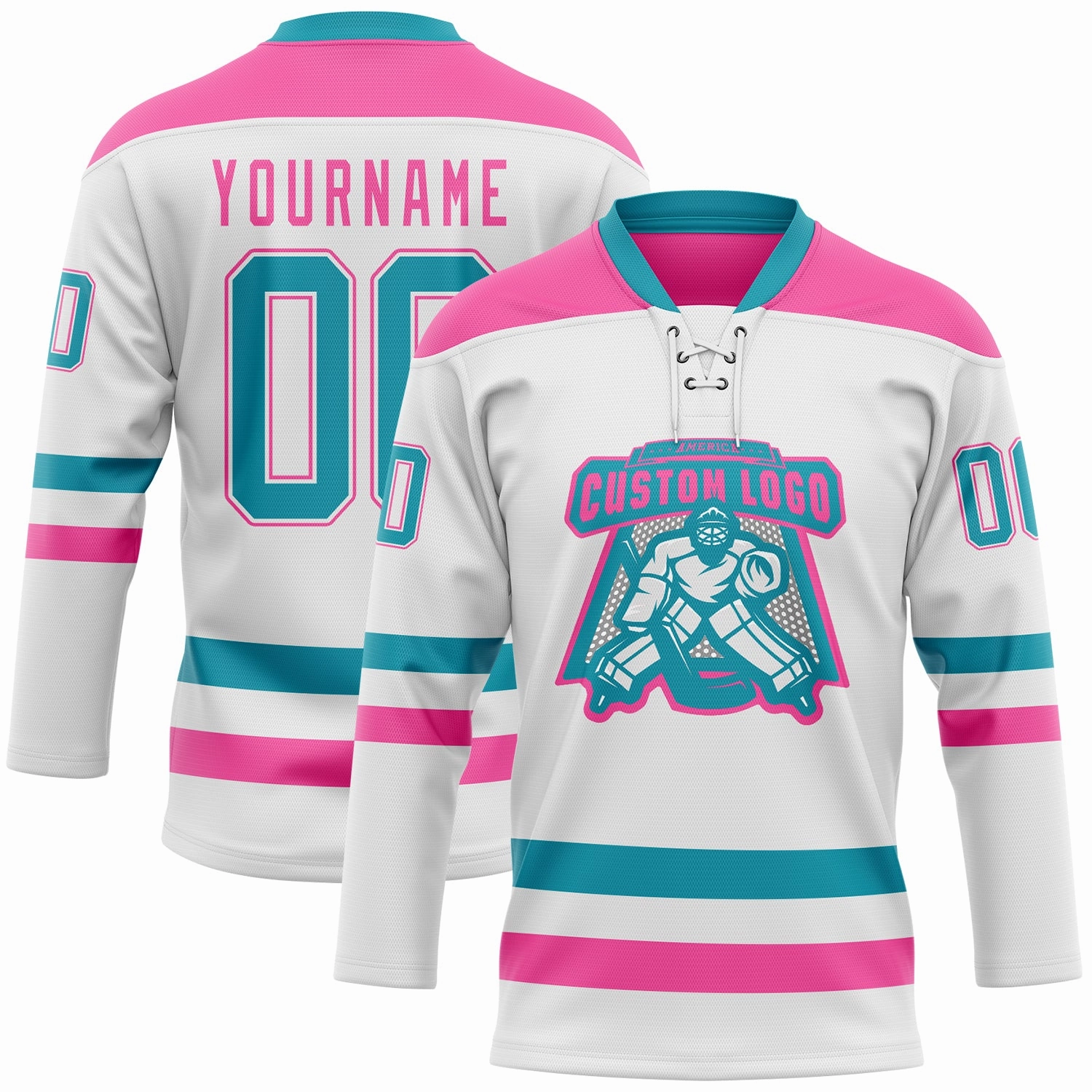 Custom White Teal-Pink Hockey Lace Neck Jersey