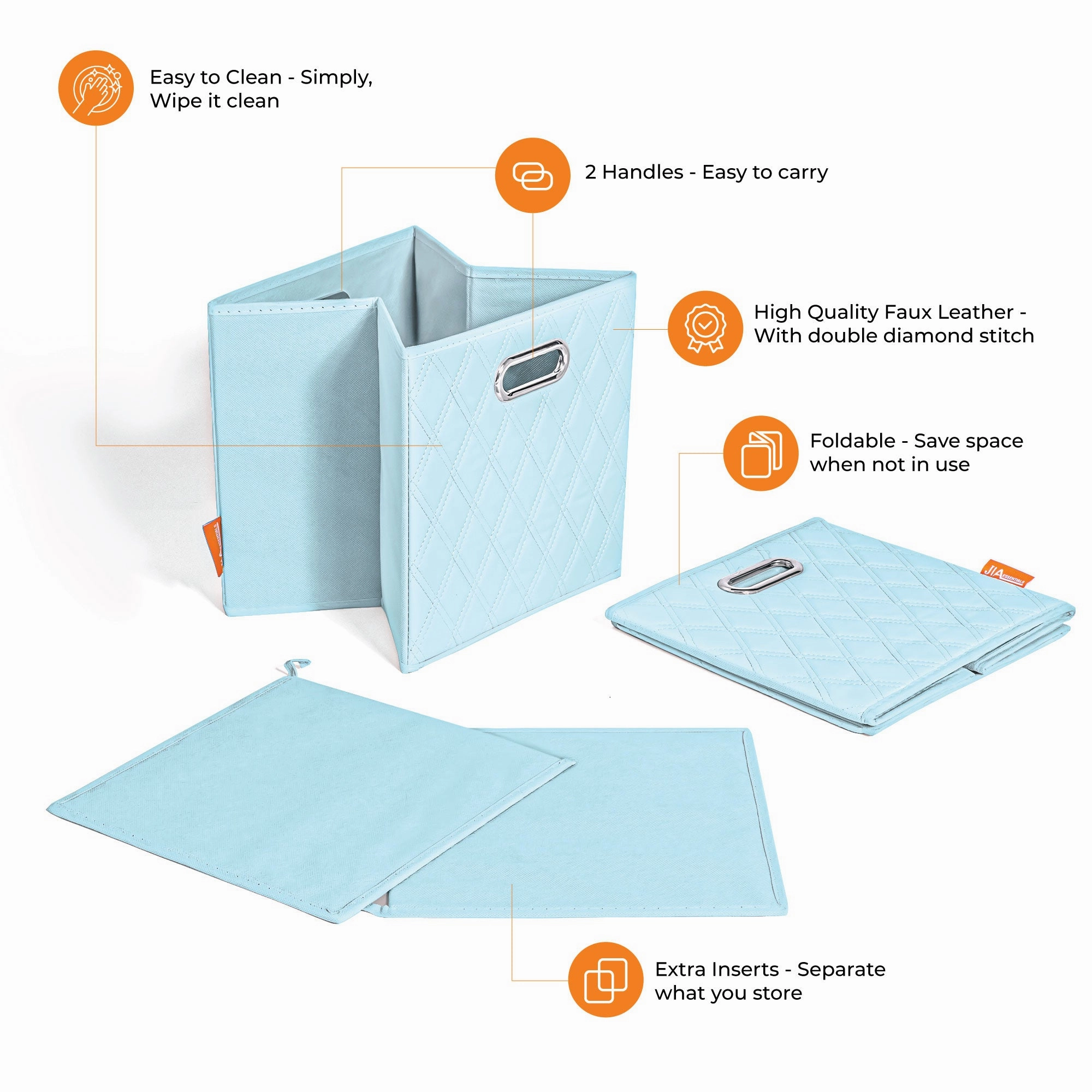 JIAessentials 13 inch Foldable Diamond Patterned Faux Leather Storage Cube Bins Set of Two with Dual Handles - 13" Blue