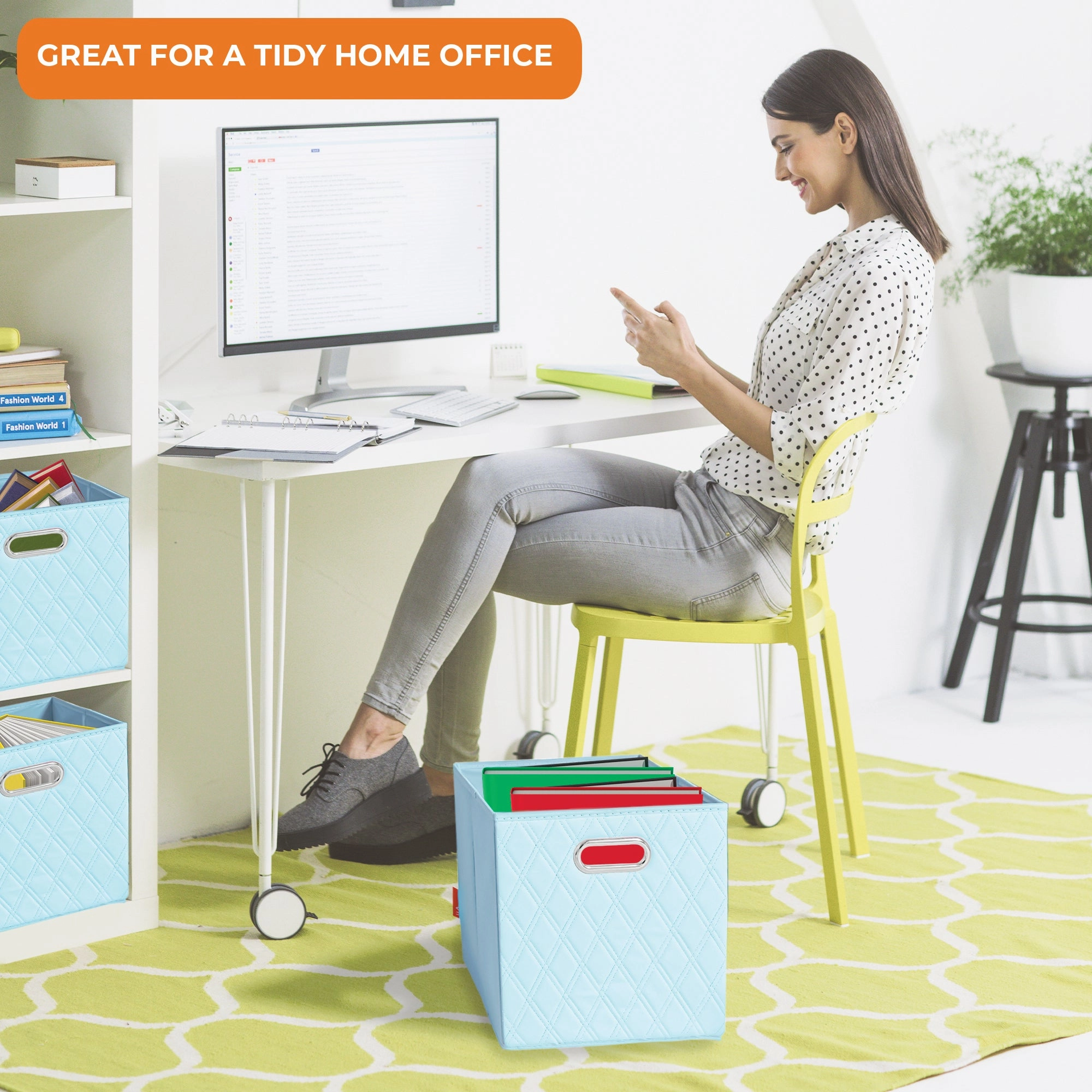 JIAessentials 13 inch Foldable Diamond Patterned Faux Leather Storage Cube Bins Set of Two with Dual Handles - 13" Blue